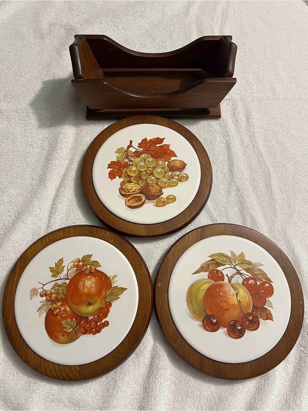 Vintage Fruit Ceramic Trivet Set with Wood Holders